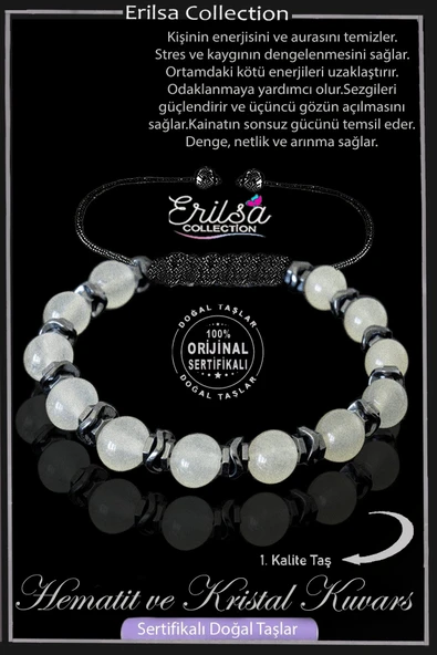 Sertifikalı Orijinal Hematitli - Kristal Kuvars Taşı Bileklik - Ayarlamalı ürün görseli 1