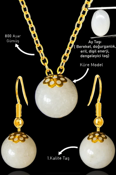 Sertifikalı Gold Küre Model Ay Taşı Kolye ve Küpe Seti - Gümüş Aparatlı ürün görseli 1