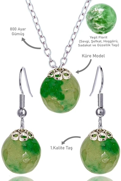 Sertifikalı Küre Model Yeşil Florit Taşı Kolye ve Küpe Seti - Gümüş Aparatlı ürün görseli 1