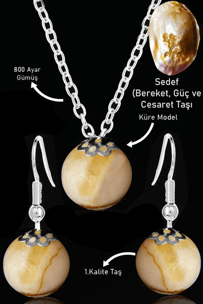 Sertifikalı Küre Model Sedef Taşı Kolye ve Küpe Seti - Gümüş Aparatlı ürün görseli 1