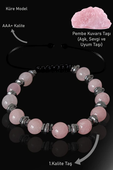 Sertifikalı Gerçek Hematit - Pembe Kuvars Taşı Bileklik ürün görseli 1