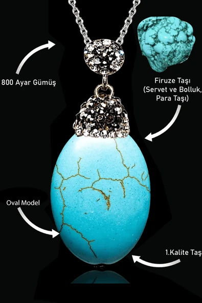 Sertifikalı XL Zirkon Taşlı Oval Model Firuze Taşı Kolye (Turkuaz Taşı) ürün görseli 1