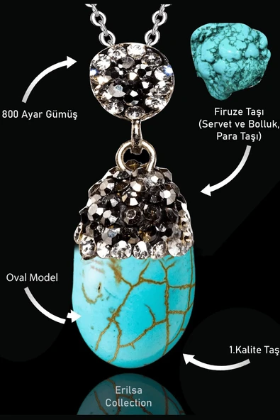 Sertifikalı Zirkon Taşlı Oval Model Firuze  Taşı Kolye (Turkuaz Taşı) ürün görseli 1