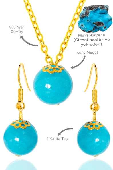 Sertifikalı Gold Küre Model Mavi Kuvars Taşı Kolye ve Küpe Seti - Gümüş Aparatlı ürün görseli 1