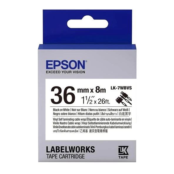 Epson LK-7WBVS Kendinden Laminasyonlu Kablo Giydirme Beyaz Üzeri Siyah 36mm 8Metre Etiket ürün görseli 1