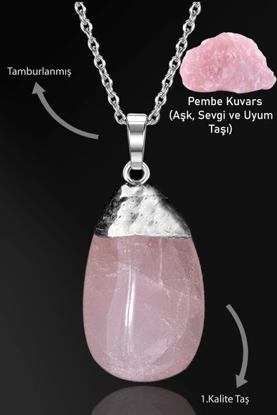 Sertifikalı Tamburlanmış Pembe Kuvars Taşı Kolye ürün görseli 1