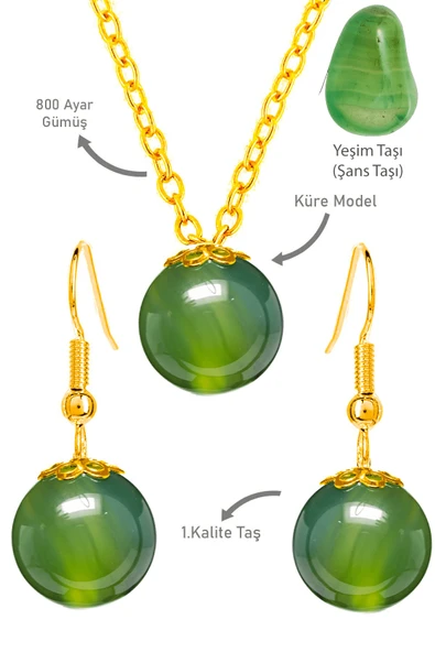 Sertifikalı Gold Yeşim Taşı Kolye Ve Küpe Seti - Gümüş Aparatlı ürün görseli 1