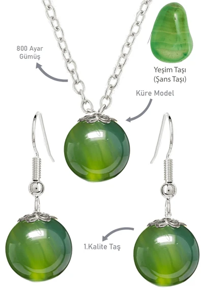 Sertifikalı Gerçek Küre Yeşim Taşı Kolye Ve Küpe Seti - Gümüş Aparatlı ürün görseli 1