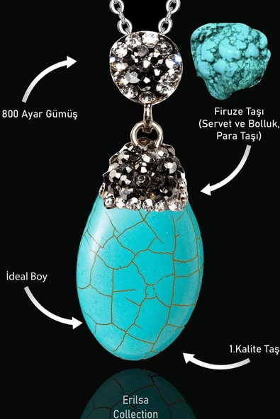 Sertifikalı Zirkon Taşlı XL Oval Model Firuze Taşı Kolye (Turkuaz Taşı) ürün görseli 1