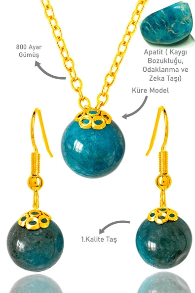 Sertifikalı Gold Küre Model Apatit Taşı Kolye Ve Küpe Seti - Gümüş Aparatlı ürün görseli 1