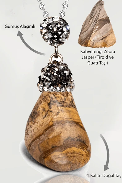 Sertifikalı Zirkon Taşlı Tamburlanmış Kahverengi Zebra Jasper Taşı Kolye ürün görseli 1