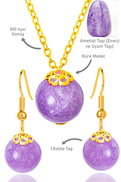 Sertifikalı Gold Küre Model Ametist Taşı Kolye ve Küpe Seti - Gümüş Aparatlı ürün görseli 1