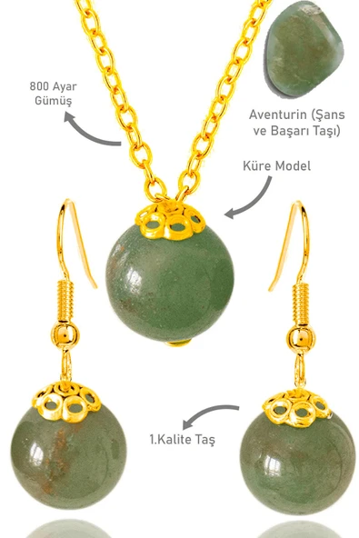 Sertifikalı Gold Küre Yeşim Taşı Kolye Ve Küpe Seti - Gümüş Aparatlı ürün görseli 1