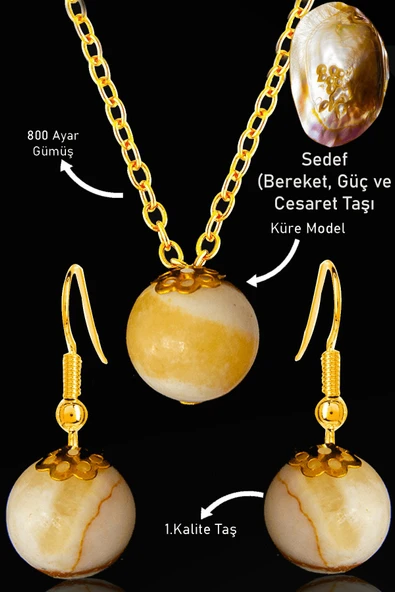 Sertifikalı Gold Küre Model Sedef Taşı Kolye ve Küpe Seti - Gümüş Aparatlı ürün görseli 1