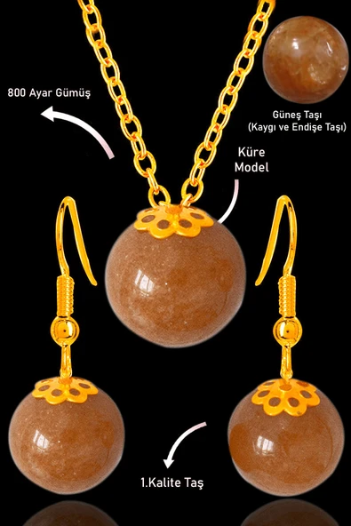 Sertifikalı Orijinal Gold Küre Model Güneş Taşı Kolye ve Küpe Seti - Gümüş Aparatlı - Koyu Renk ürün görseli 1