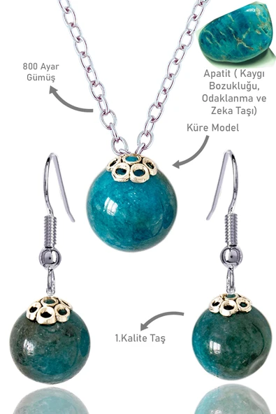 Sertifikalı Küre Model Apatit Taşı Kolye ve Küpe Seti - Gümüş Aparatlı ürün görseli 1