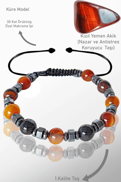 Sertifikalı Gerçek Hematit - Siyah Kızıl Yemen Akiği Doğal Taş Bileklik ürün görseli 1