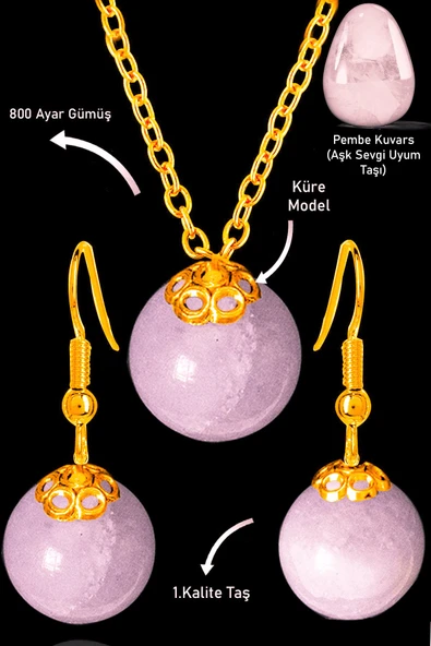 Sertifikalı Gold Küre Model Pembe Kuvars Taşı Kolye ve Küpe Seti - Açık Renk ürün görseli 1
