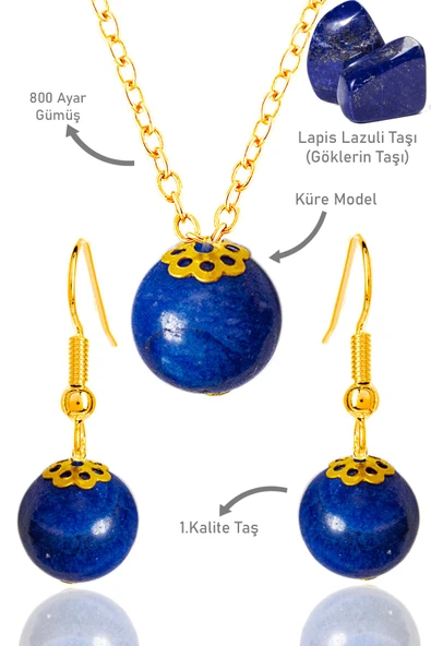 Sertifikalı Gold Küre Orijinal Lapis Lazuli Taşı Kolye ve Küpe Seti - Gümüş Aparatlı ürün görseli 1