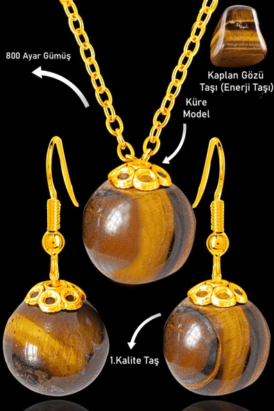 Sertifikalı Gold Küre Model Kaplan Gözü Taşı Kolye ve Küpe Seti - Gümüş Aparatlı ürün görseli 1