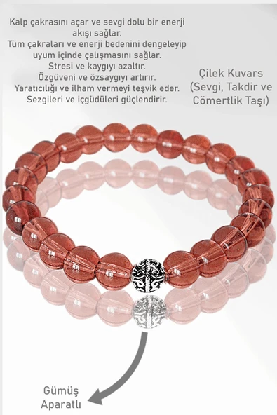 Sertifikalı AAA+ Çilek Kuvars Taşı Bileklik - Gümüş Aparatlı ürün görseli 1