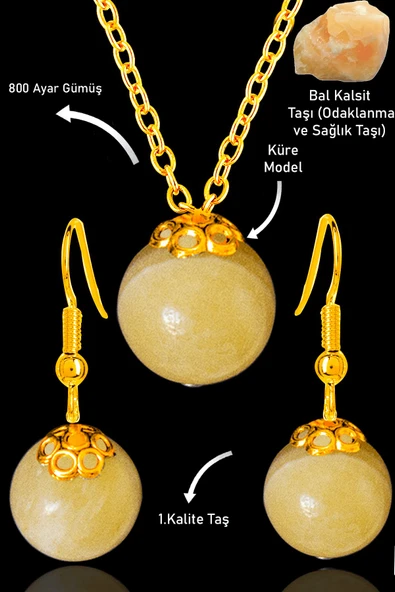 Sertifikalı Gold Küre Model Bal Kalsit Taşı Kolye ve Küpe Seti - Gümüş Aparatlı ürün görseli 1