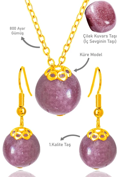 Sertifikalı Gold Küre Model Çilek Kuvars Taşı Kolye ve Küpe Seti - Gümüş Aparatlı ürün görseli 1