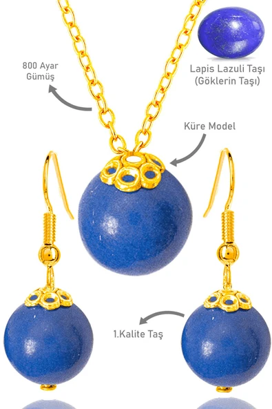 Sertifikalı Gold Küre Model Lapis Lazuli Taşı Kolye ve Küpe Seti - Gümüş Aparatlı ürün görseli 1