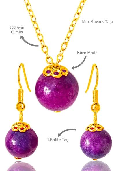 Sertifikalı Gold Küre Model Mor Kuvars Taşı Kolye ve Küpe Seti - Gümüş Aparatlı - Koyu Renk ürün görseli 1
