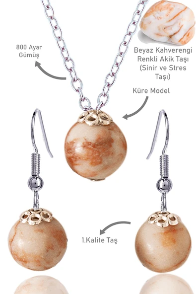 Sertifikalı Küre Model Beyaz Kahverengi Renkli Akik Taşı Kolye ve Küpe Seti - Gümüş Aparatlı ürün görseli 1