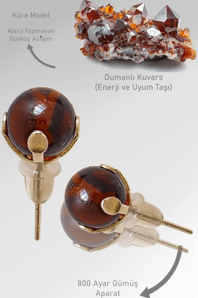 Sertifikalı Gerçek Dumanlı Kuvars Taşı Nokta Doğal Taş Küpe ürün görseli 1