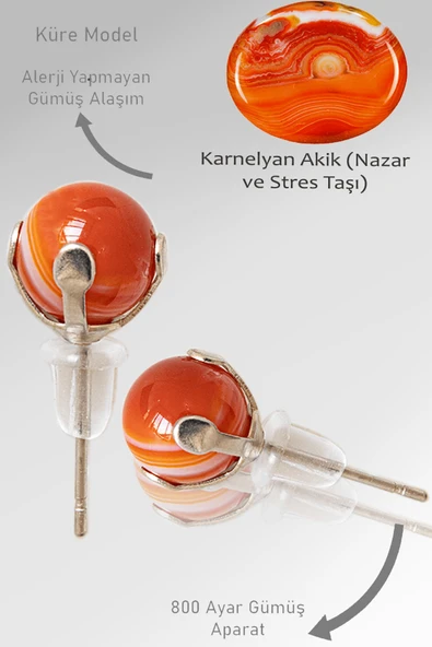 Sertifikalı Gerçek Karnelyan Akik Taşı Nokta Doğal Taş Küpe ürün görseli 1