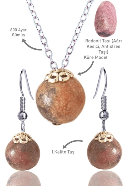 Sertifikalı Küre Model Rodonit Taşı Kolye ve Küpe Seti - Gümüş Aparatlı ürün görseli 1