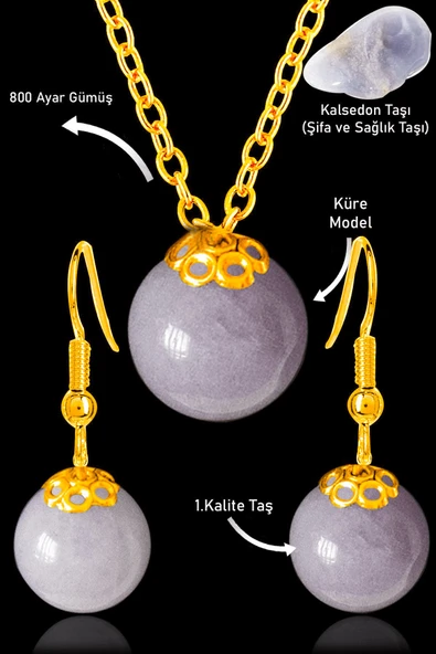 Sertifikalı Gold Küre Model Mavi Kalsedon Taşı Kolye ve Küpe Seti - Gümüş Aparatlı ürün görseli 1