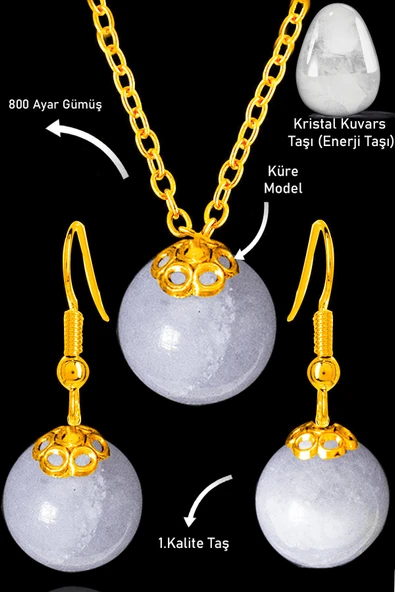 Sertifikalı Gold Küre Model Kristal Kuvars Taşı Kolye ve Küpe Seti - Gümüş Aparatlı ürün görseli 1