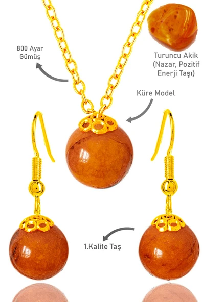 Sertifikalı Gold Küre Model Turuncu Akik Taşı Kolye ve Küpe Seti - Gümüş Aparatlı - Koyu Renk ürün görseli 1