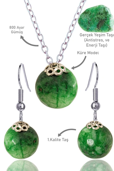 Sertifikalı Küre Model Fasetli Yeşim Taşı Kolye ve Küpe Seti - Gümüş Aparatlı ürün görseli 1