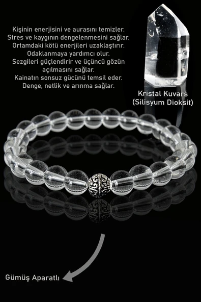 Sertifikalı AAA+ Şeffaf Kristal Kuvars Taşı Bileklik - Gümüş Aparatlı ürün görseli 1