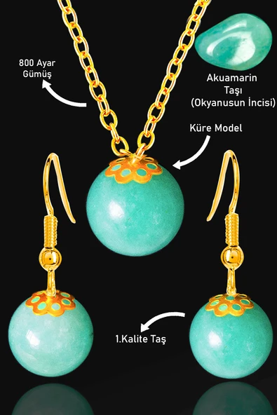Sertifikalı Gold Küre Model Akuamarin Taşı Kolye ve Küpe Seti - Gümüş Aparatlı ürün görseli 1