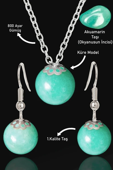 Sertifikalı Küre Model Akuamarin Taşı Kolye ve Küpe Seti - Gümüş Aparatlı ürün görseli 1