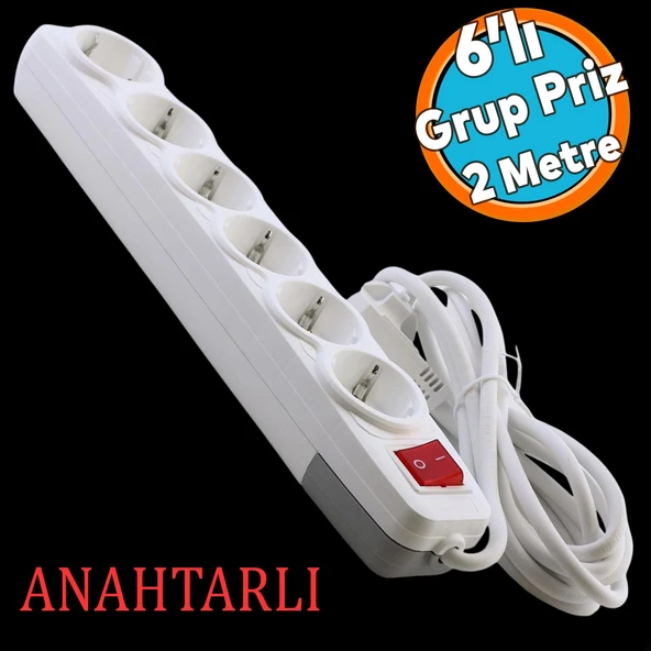 6'lı Grup Priz Anahtarlı Topraklı 2 Metre Seyyar Ara Kablolu Uzatma Kablolusu Altılı Piriz Kablo ürün görseli 1