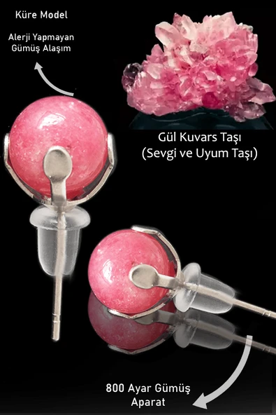 Sertifikalı Gerçek Gül Kuvars Taşı Nokta Doğal Taş Küpe ürün görseli 1