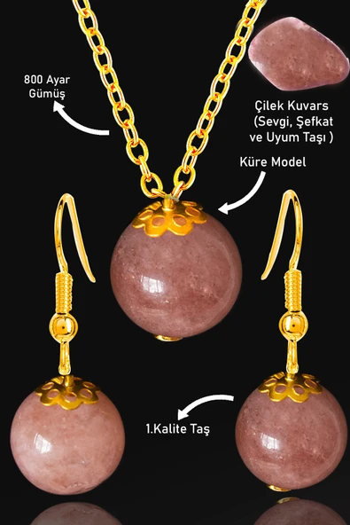 Sertifikalı Gold Küre Orijinal Çilek Kuvars Taşı Kolye ve Küpe Seti - Gümüş Aparatlı ürün görseli 1