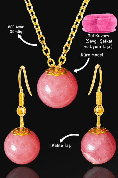 Sertifikalı Gold Küre Model Rose Kuvars Taşı Kolye ve Küpe Seti - Gümüş Aparatlı ürün görseli 1