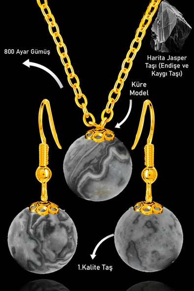 Sertifikalı Gold Küre Model Harita Jasper Taşı Kolye ve Küpe Seti - Gümüş Aparatlı ürün görseli 1