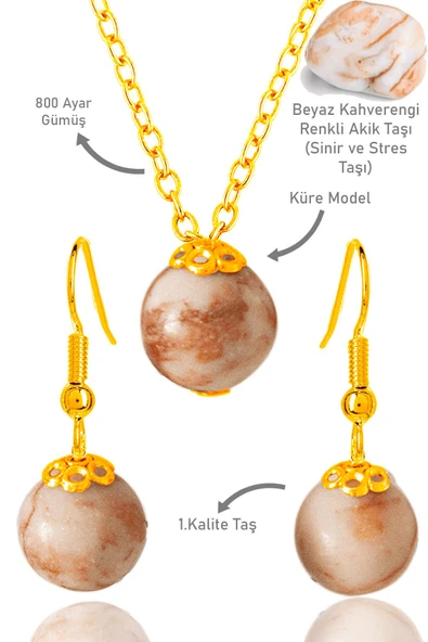 Sertifikalı Gold Küre Model Kahverengi Beyaz Jasper Taşı Kolye ve Küpe Seti - Gümüş Aparatlı ürün görseli 1