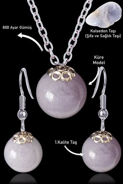 Sertifikalı Küre Model Kalsedon Taşı Kolye ve Küpe Seti - Gümüş Aparatlı ürün görseli 1