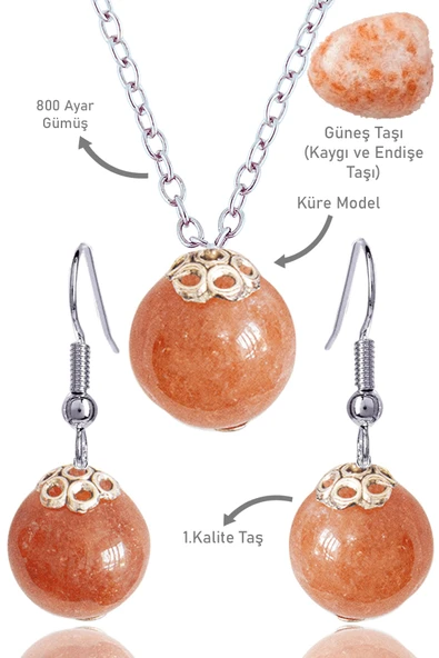 Sertifikalı Küre Model Güneş Taşı Kolye ve Küpe Seti - Gümüş Aparatlı ürün görseli 1
