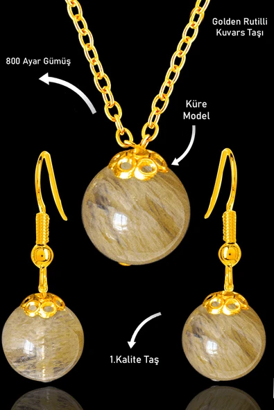 Sertifikalı Gold Küre Model Golden Rutilli Kuvars Taşı Kolye ve Küpe Seti - Gümüş Aparatlı ürün görseli 1