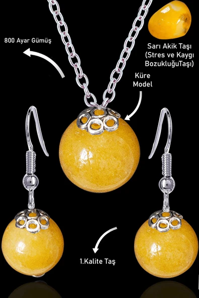 Sertifikalı Küre Model Turuncu Akik Taşı Kolye ve Küpe Seti - Gümüş Aparatlı ürün görseli 1